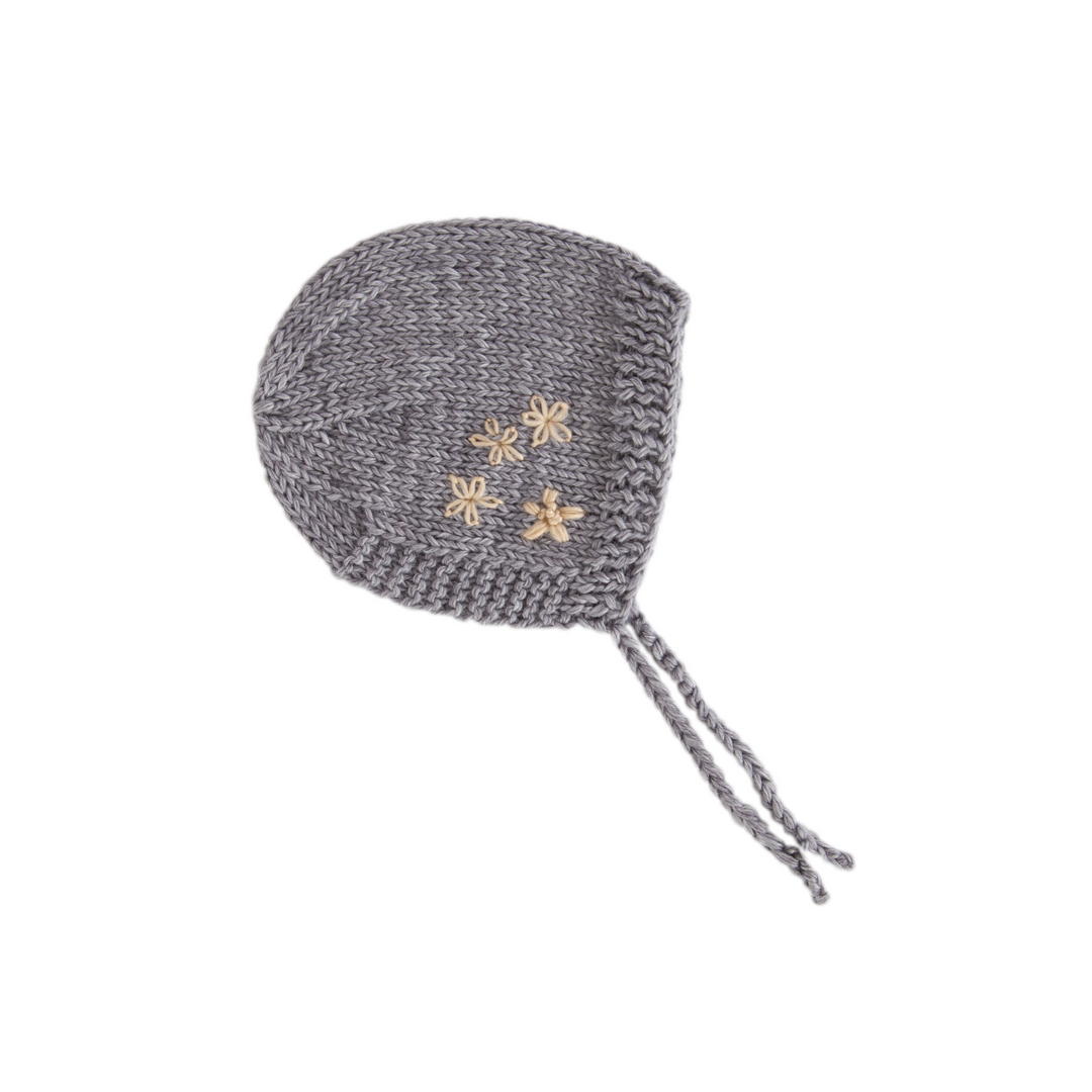 Grey Knitted Baby Bonnet with embroidered flowers