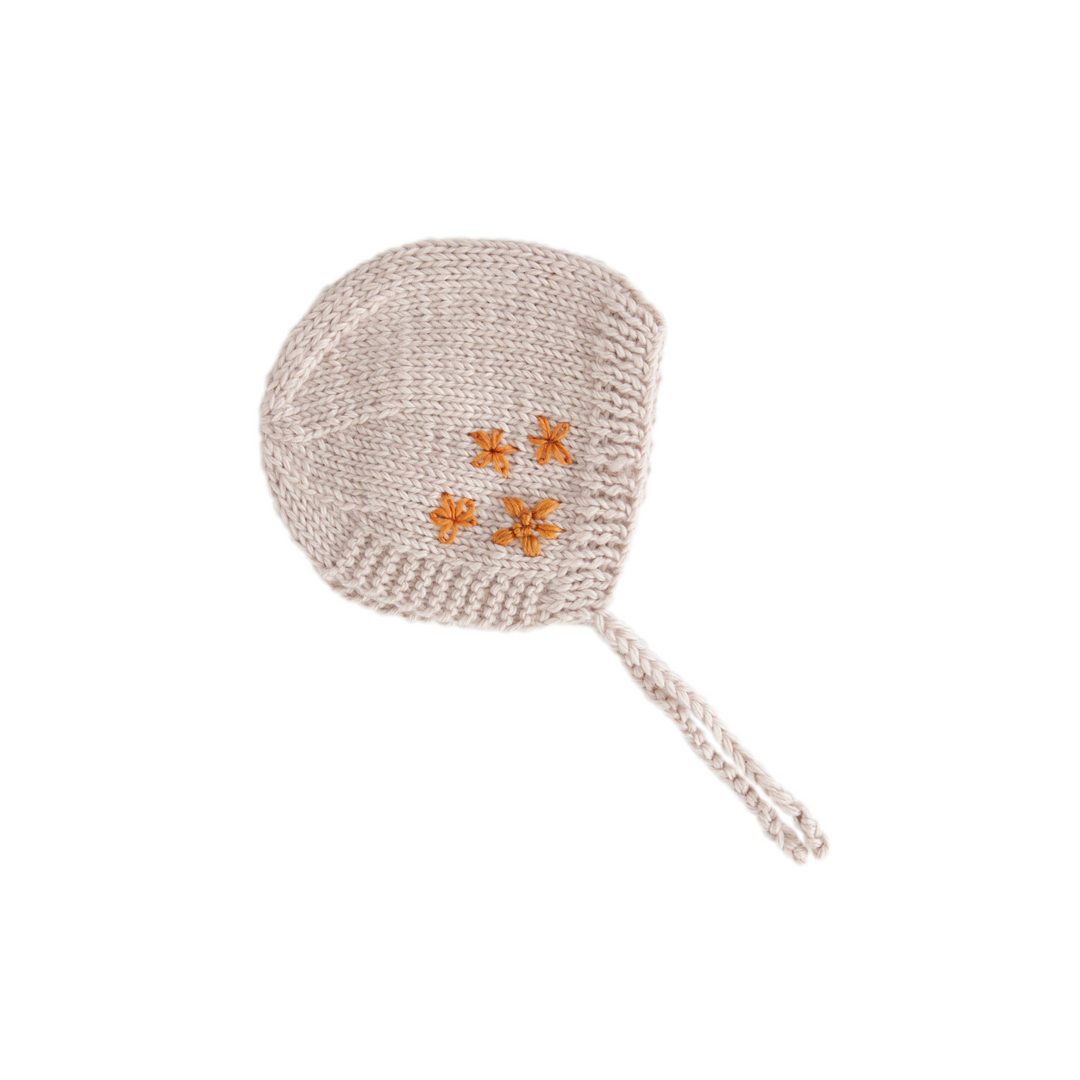 Oatmeal Knitted Baby Bonnet with embroidered flowers