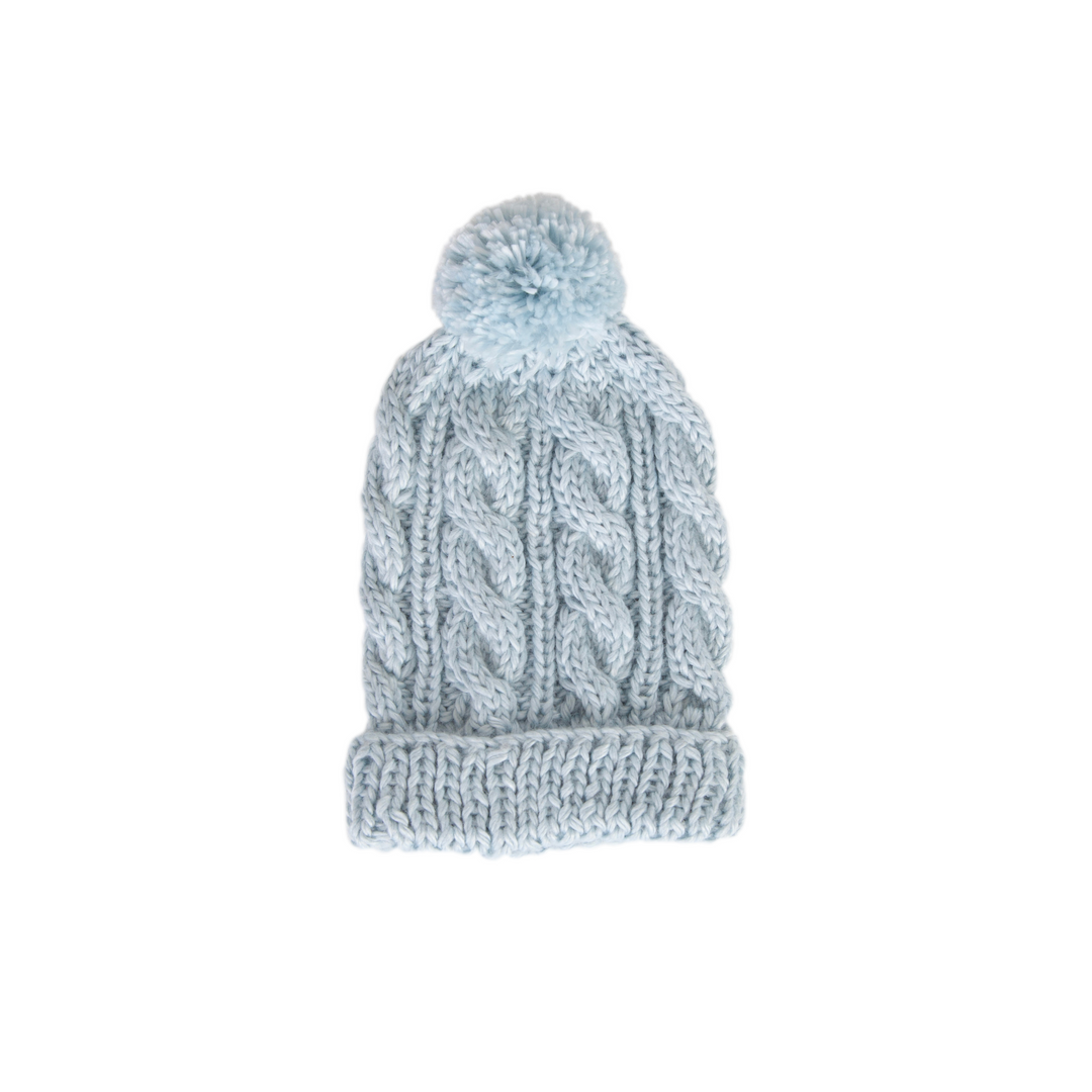 Kids soft blue knitted beanie with pom pom. Wool and Acrylic blend