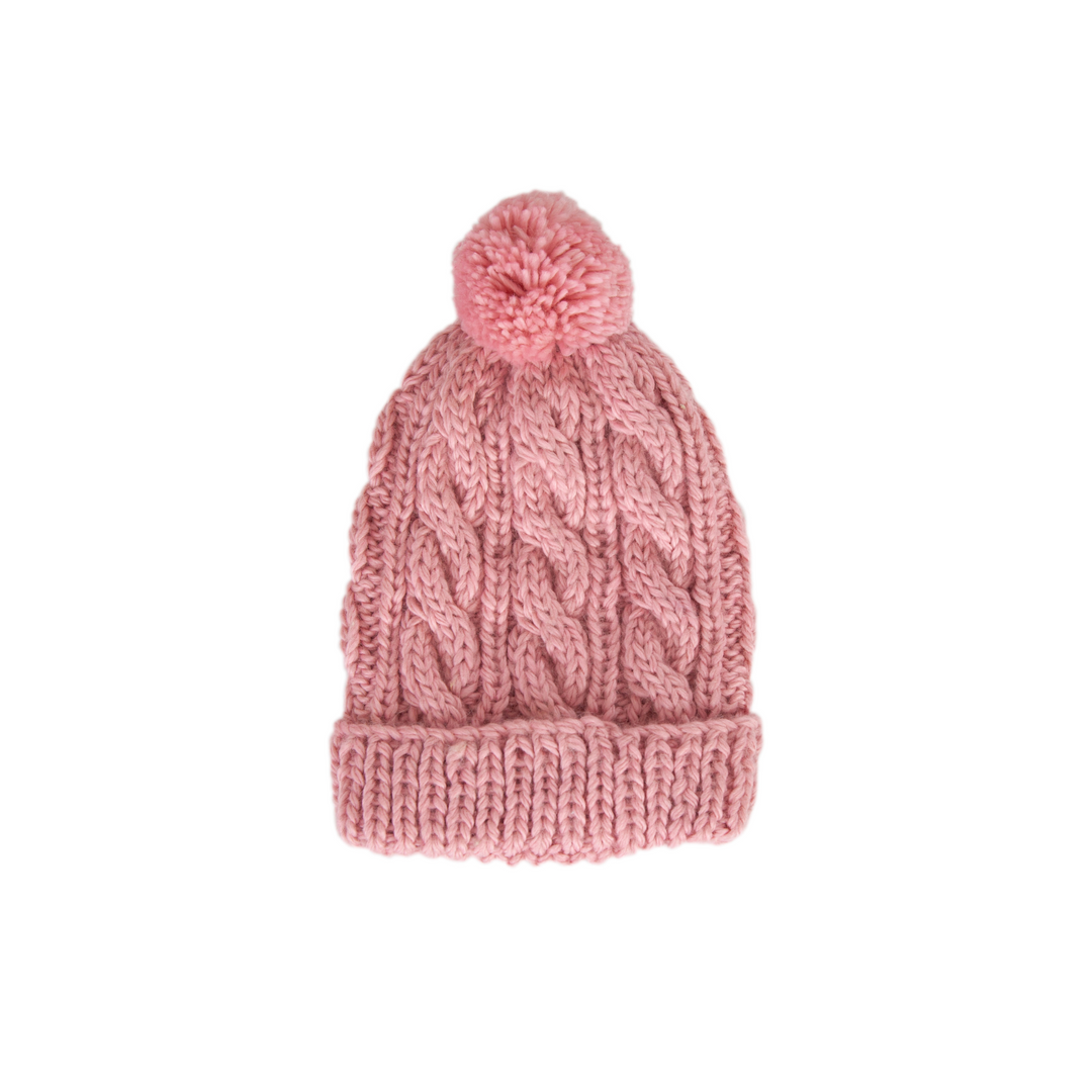 Kids soft pink knitted beanie with pom pom. Wool and Acrylic
