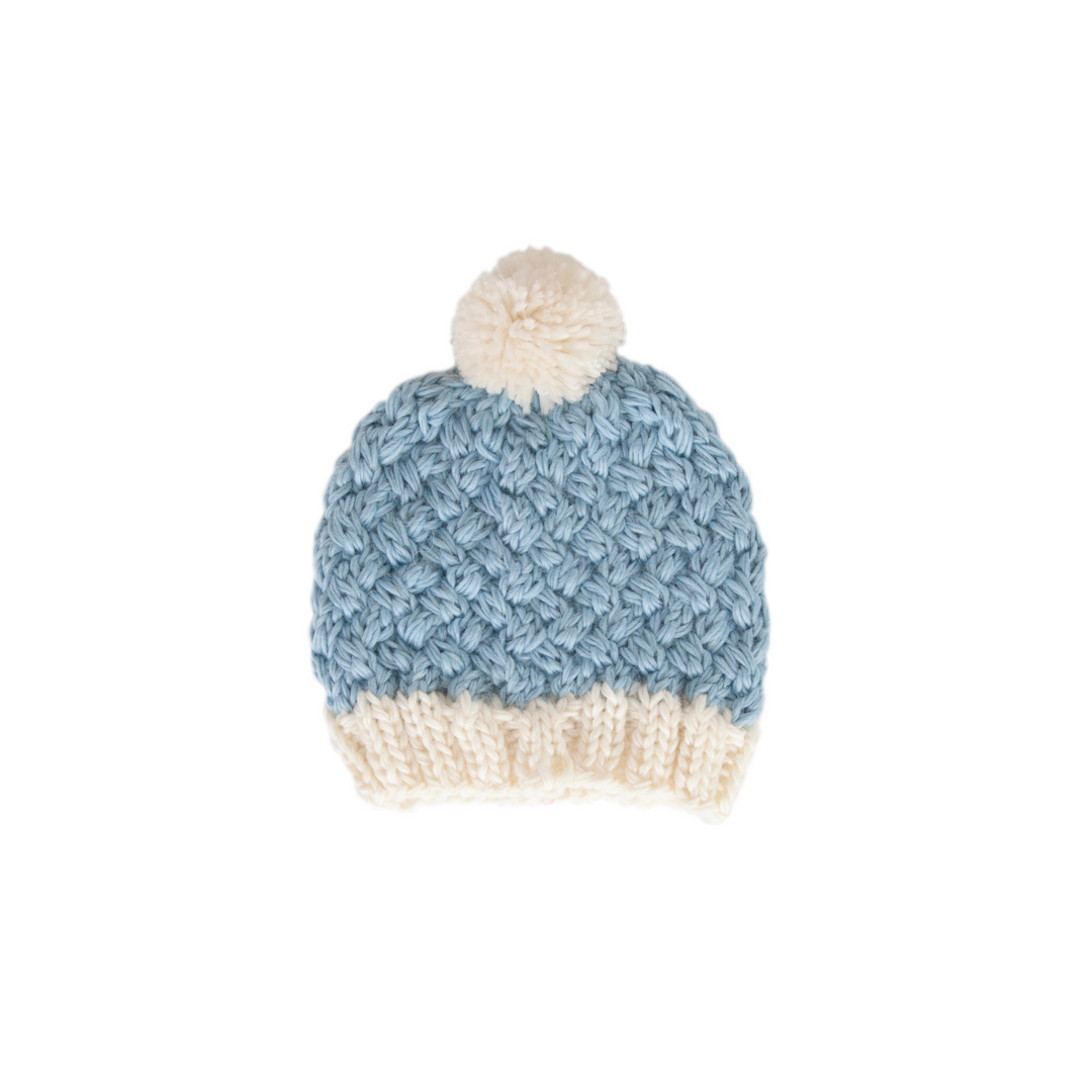 Pale blue and ivory knitted baby beanie