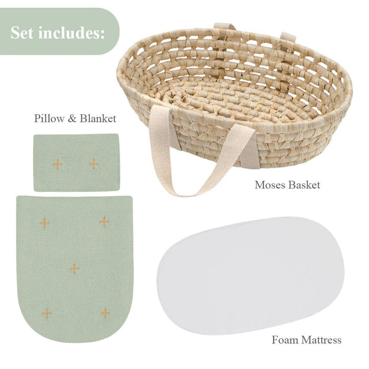 Rattan Doll Moses Basket Set - Sage