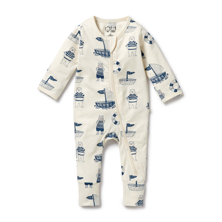 Organic Zipsuit with Feet - Nautical Bear