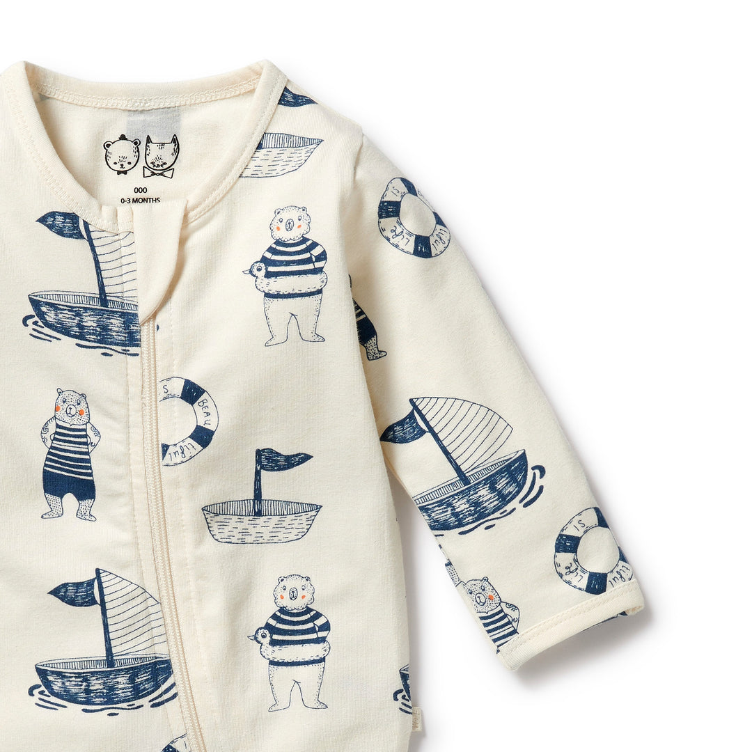 Organic Zipsuit with Feet - Nautical Bear