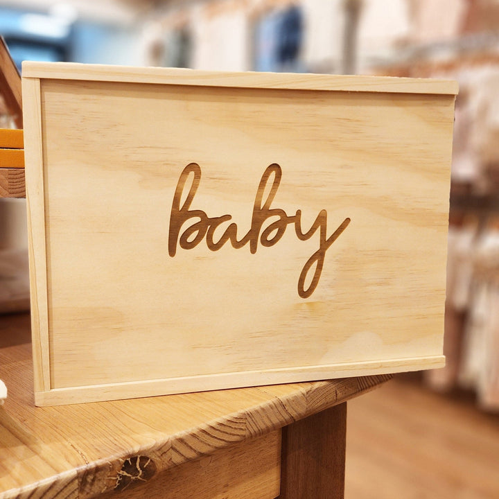 Kate Inglish Designs' handmade wooden keepsake baby box, a timeless and stylish gift for new parents and baby showers.