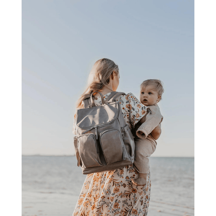 OiOi Signature Nappy Backpack - Taupe Faux Leather - kateinglishdesigns