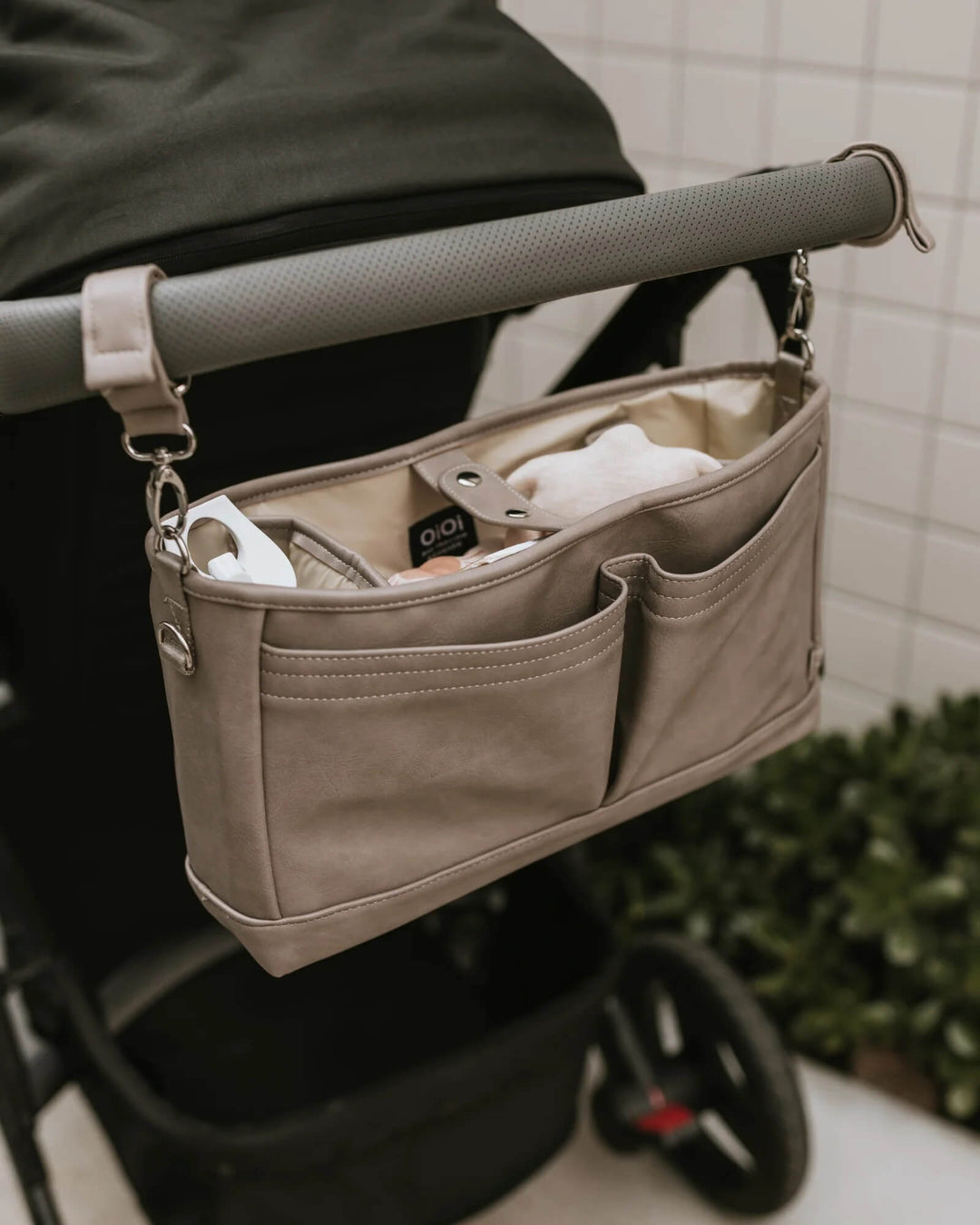 OiOi Signature Pram Caddy - Taupe Faux Leather - kateinglishdesigns