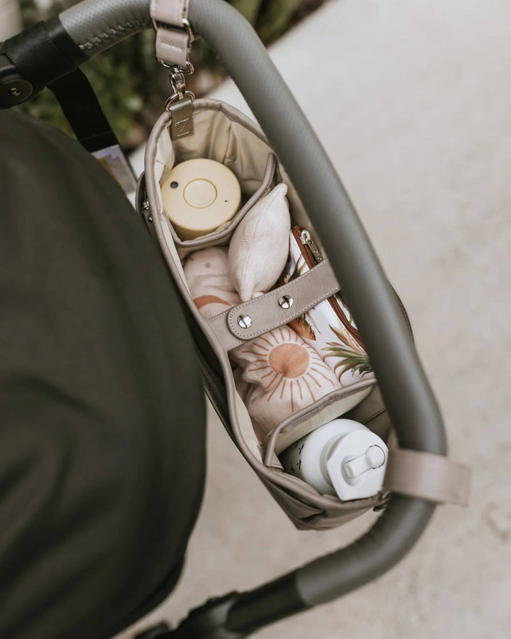 OiOi Signature Pram Caddy - Taupe Faux Leather - kateinglishdesigns