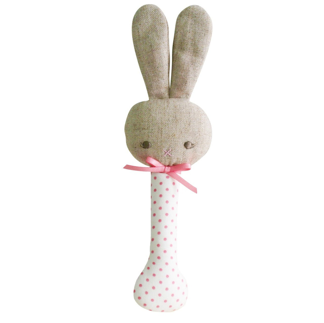 Alimrose Baby Bunny Stick Rattle - Pink Spot. - kateinglishdesigns