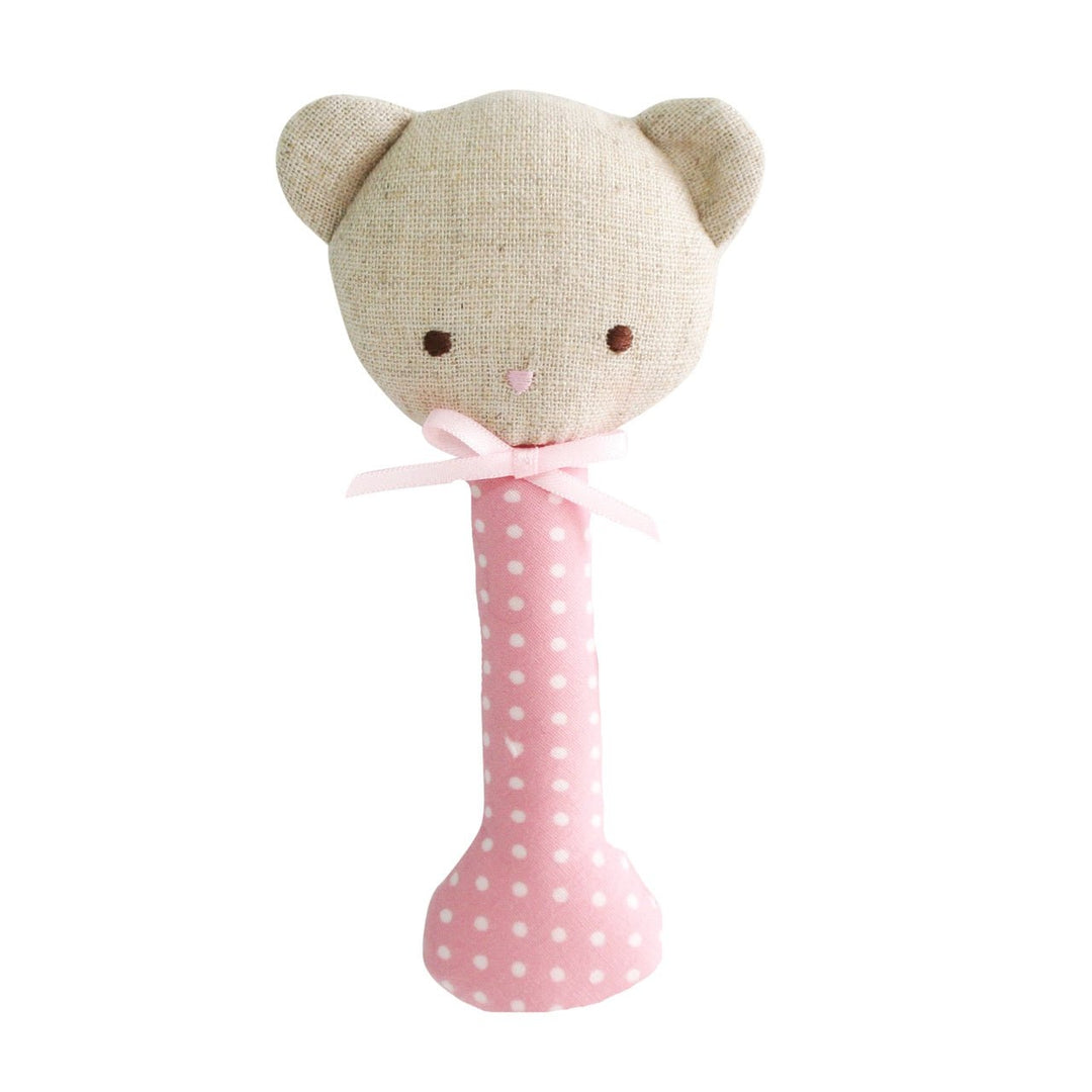 Alimrose Bear Stick Rattle Pink & White Spot - kateinglishdesigns