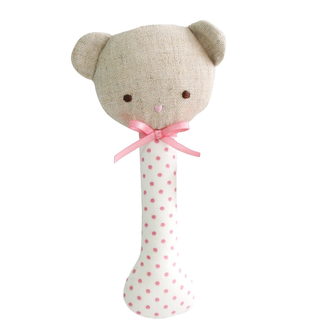 Alimrose Bear Stick Rattle Spot - Pink on Ivory - kateinglishdesigns