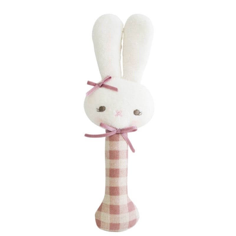 Alimrose Bunny Stick Rattle - Rose Check - kateinglishdesigns
